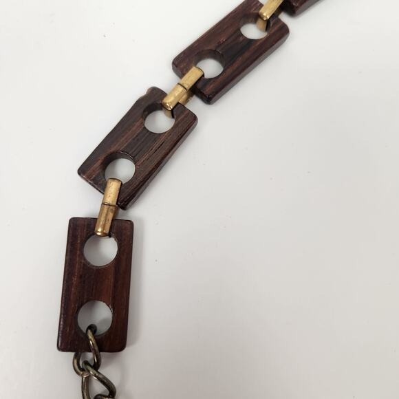 Vintage Wood Linked Metal Belt Brown Gold 70s Hippie Boho